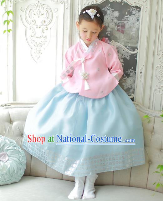 Traditional Korean National Handmade Formal Occasions Girls Clothing Palace Hanbok Costume Embroidered Pink Blouse and Blue Dress for Kids