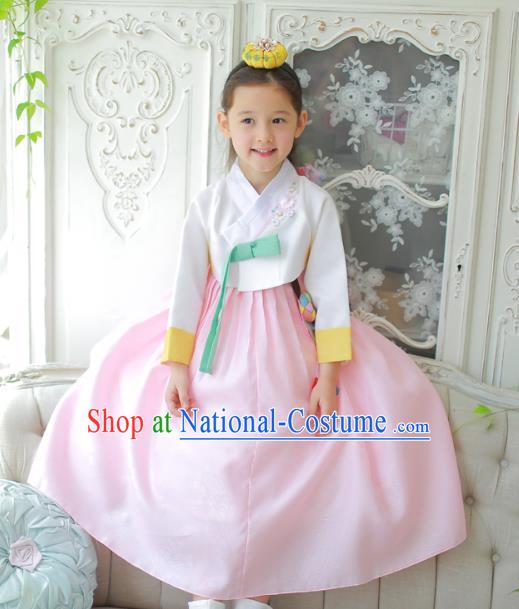 Traditional Korean National Handmade Formal Occasions Girls Clothing Palace Hanbok Costume Embroidered White Blouse and Pink Dress for Kids