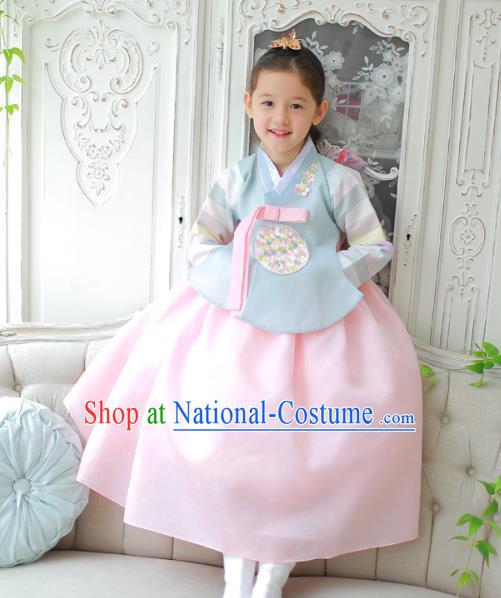 Traditional Korean National Handmade Formal Occasions Girls Clothing Palace Hanbok Costume Embroidered Blue Blouse and Pink Dress for Kids