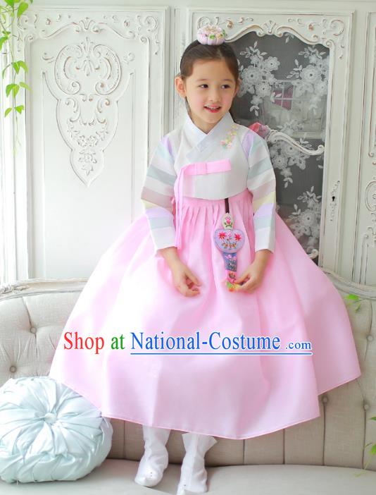 Traditional Korean National Handmade Formal Occasions Girls Clothing Palace Hanbok Costume Embroidered White Blouse and Pink Dress for Kids