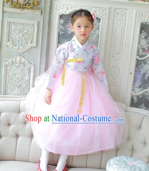 Traditional Korean National Handmade Formal Occasions Girls Clothing Palace Hanbok Costume Printing Blouse and Pink Dress for Kids