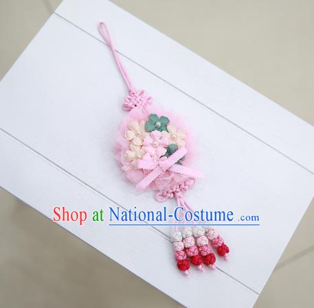 Asian Korean Hanbok Pink Flowers Tassel Waist Decorations, Korean National Belts Accessories Wedding Bride Waist Pendant for Women