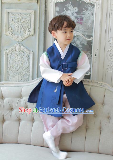 Traditional Asian Korean National Handmade Formal Occasions Boys Embroidery Deep Blue Vest Hanbok Costume Complete Set for Kids