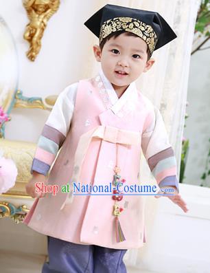 Traditional Asian Korean National Handmade Formal Occasions Boys Embroidery Pink Vest Hanbok Costume Complete Set for Kids