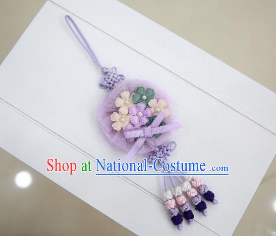 Asian Korean Hanbok Purple Flowers Tassel Waist Decorations, Korean National Belts Accessories Wedding Bride Waist Pendant for Women