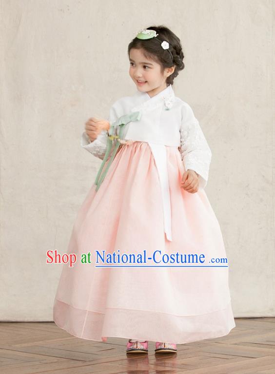 Traditional Korean National Handmade Formal Occasions Girls Clothing Palace Hanbok Costume Embroidered White Blouse and Pink Dress for Kids