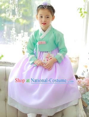 Traditional Korean National Handmade Formal Occasions Girls Clothing Palace Hanbok Costume Embroidered Green Blouse and Purple Dress for Kids