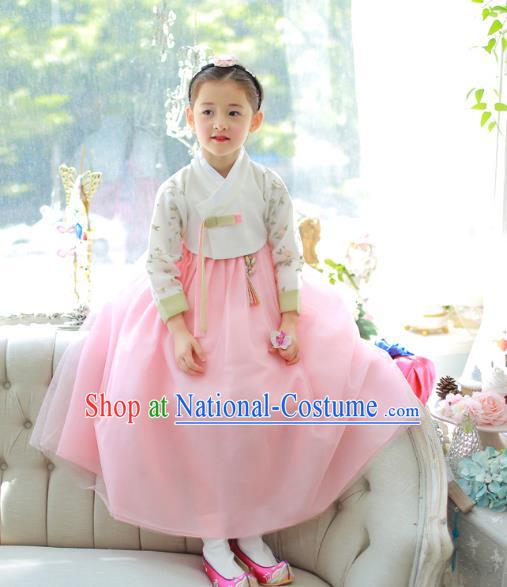 Traditional Korean National Handmade Formal Occasions Girls Clothing Palace Hanbok Costume Embroidered White Blouse and Pink Dress for Kids