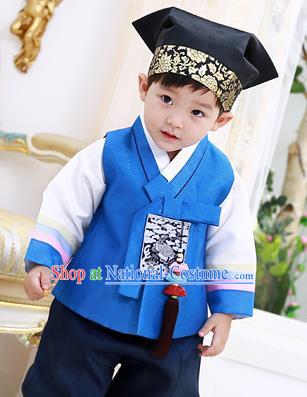 Asian Korean National Traditional Handmade Formal Occasions Boys Embroidery Blue Vest Hanbok Costume Complete Set for Kids