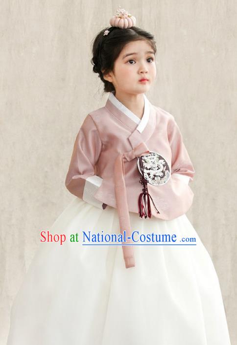 Traditional Korean National Handmade Formal Occasions Girls Palace Hanbok Costume Embroidered Pink Blouse and White Dress for Kids