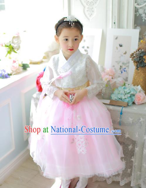 Traditional Korean National Handmade Formal Occasions Girls Palace Hanbok Costume Embroidered White Lace Blouse and Pink Dress for Kids