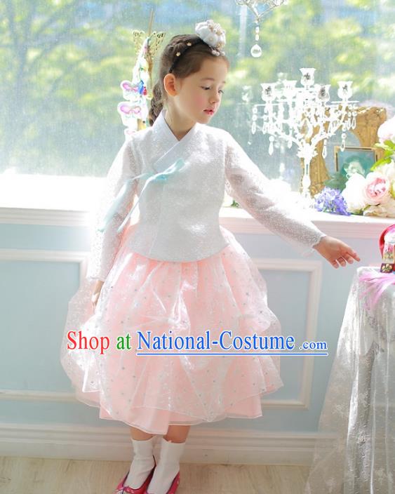 Traditional Korean National Handmade Formal Occasions Girls Palace Hanbok Costume Embroidered White Lace Blouse and Orange Dress for Kids