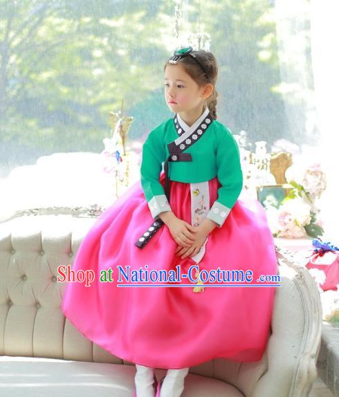 Traditional Korean National Handmade Formal Occasions Girls Palace Hanbok Costume Embroidered Green Blouse and Rosy Dress for Kids