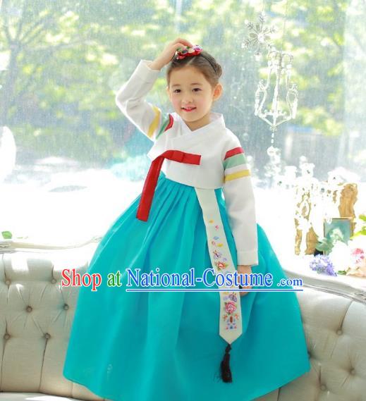 Traditional Korean National Handmade Formal Occasions Girls Palace Hanbok Costume Embroidered White Blouse and Green Dress for Kids