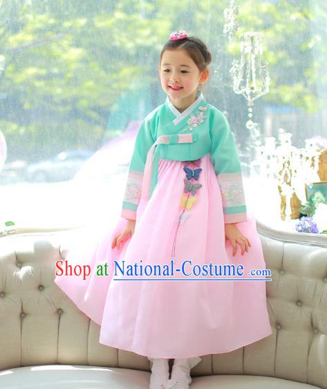 Traditional Korean National Handmade Formal Occasions Girls Palace Hanbok Costume Embroidered Green Blouse and Pink Dress for Kids