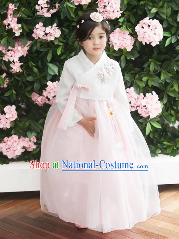 Traditional Korean National Handmade Formal Occasions Girls Palace Hanbok Costume Embroidered White Blouse and Pink Veil Dress for Kids