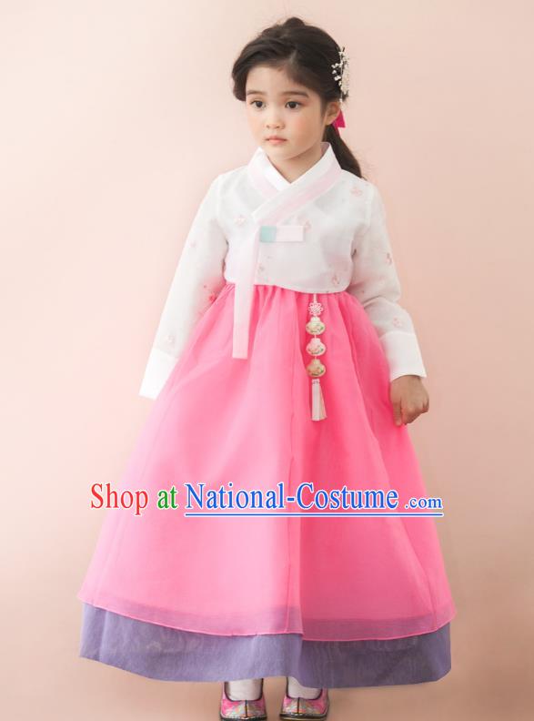 Traditional Korean National Handmade Formal Occasions Girls Palace Hanbok Costume Embroidered White Blouse and Pink Dress for Kids