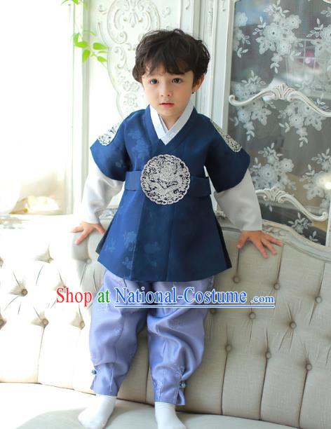 Asian Korean National Traditional Handmade Formal Occasions Boys Embroidery Clothing Deep Blue Vest Hanbok Costume Complete Set for Kids