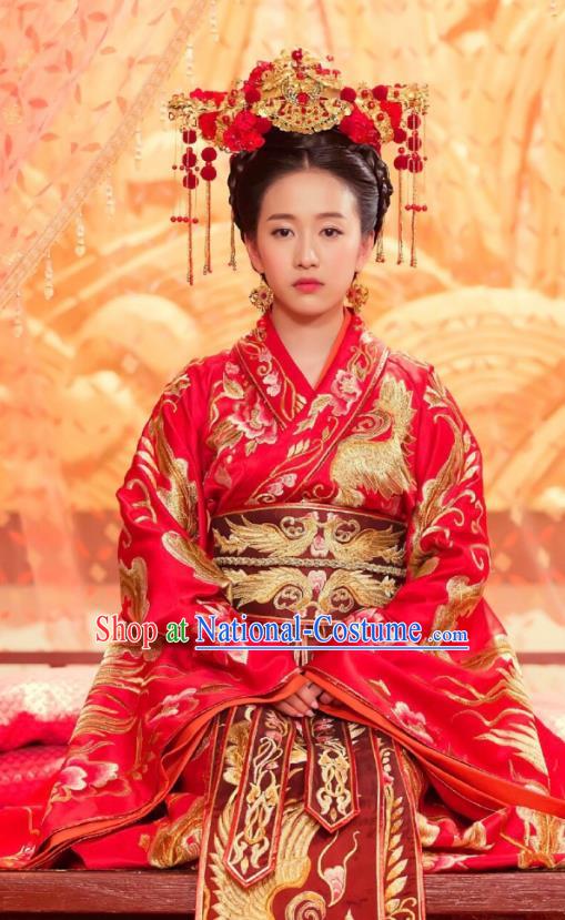 Traditional Chinese Southern and Northern Dynasties Palace Princess Wedding Costume, Chinese Ancient Bride Embroidered Red Clothing for Women