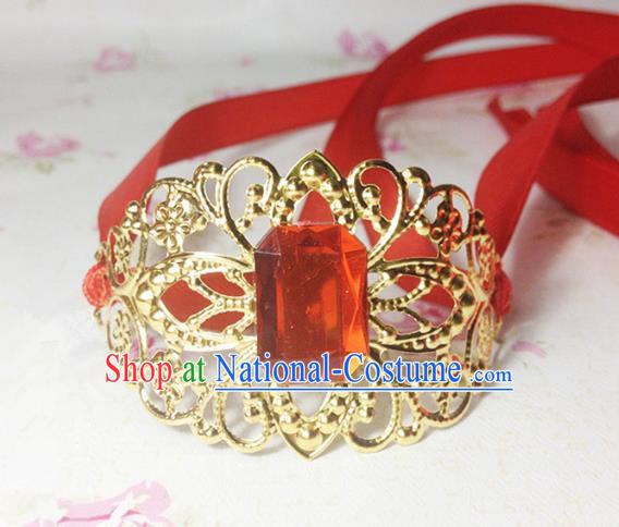 Traditional Handmade Chinese Ancient Classical Hair Accessories Royal Highness Red Crystal Tuinga Hairdo Crown for Men