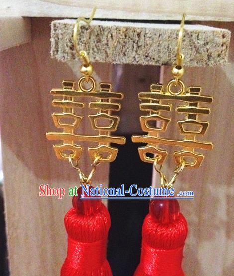 Traditional Handmade Chinese Ancient Classical Accessories Bride Wedding Xiuhe Suit Red Tassel Earrings for Women