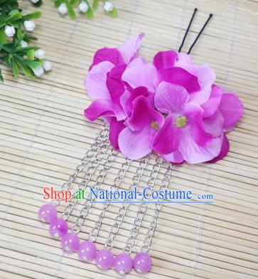 Traditional Chinese Ancient Classical Hair Accessories Purple Flowers Beads Tassel Step Shake Bride Hairpins for Women