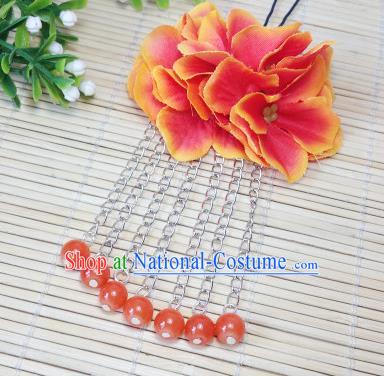 Traditional Chinese Ancient Classical Hair Accessories Orange Flowers Beads Tassel Step Shake Bride Hairpins for Women