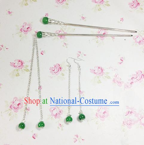 Traditional Chinese Ancient Classical Hair Accessories Green Beads Tassel Step Shake Bride Hairpins and Earrings for Women