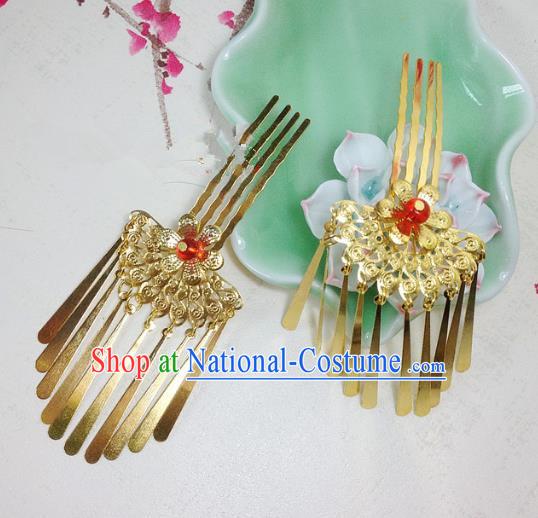 Traditional Chinese Ancient Classical Hair Accessories Golden Hair Comb Bride Tassel Step Shake Hairpins for Women