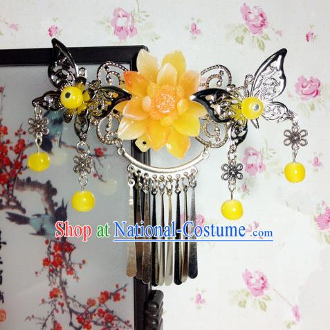 Traditional Chinese Ancient Classical Hair Accessories Princess Yellow Flower Butterfly Hair Comb Tassel Step Shake Hairpins for Women