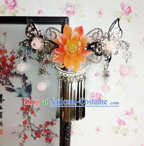 Traditional Chinese Ancient Classical Hair Accessories Princess Orange Flower Butterfly Hair Comb Tassel Step Shake Hairpins for Women