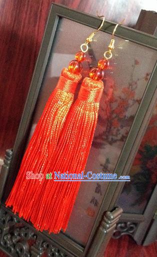 Traditional Handmade Chinese Ancient Classical Accessories Bride Wedding Xiuhe Suit Red Tassel Earrings for Women