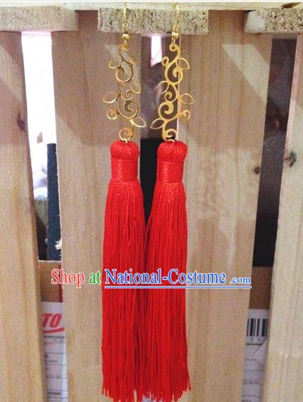 Traditional Handmade Chinese Ancient Classical Accessories Bride Wedding Xiuhe Suit Red Tassel Earrings for Women