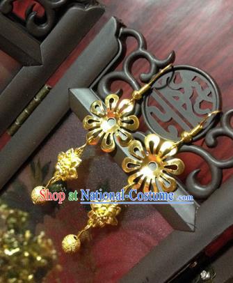 Traditional Handmade Chinese Ancient Classical Accessories Bride Wedding Xiuhe Suit Golden Flower Tassel Earrings for Women