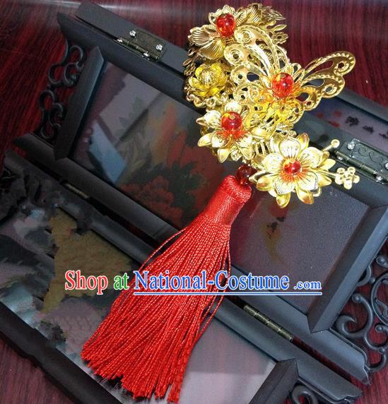 Traditional Chinese Ancient Classical Hair Accessories Princess Butterfly Hair Stick Bride Red Tassel Golden Step Shake Hairpins for Women