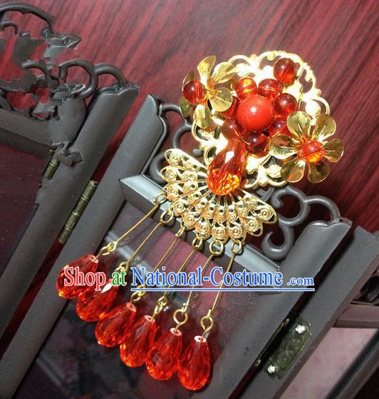 Traditional Chinese Ancient Classical Hair Accessories Bride Red Tassel Forehead Ornament Step Shake Hairpins for Women