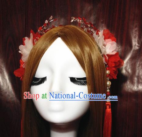 Traditional Chinese Ancient Classical Hair Accessories Bride Red Flowers Step Shake Hairpins Complete Set for Women