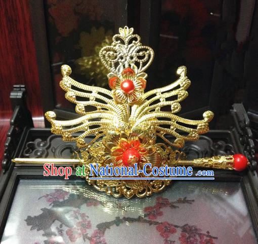 Traditional Handmade Chinese Classical Hair Accessories, Ancient Royal Highness Tuinga Red Beads Golden Hairdo Crown for Men