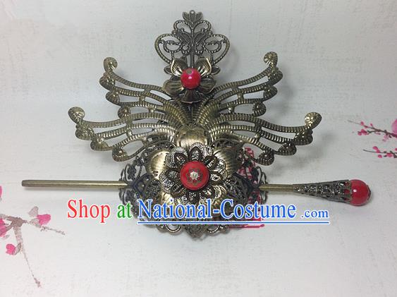 Traditional Handmade Chinese Classical Hair Accessories, Ancient Royal Highness Tuinga Red Beads Bronze Hairdo Crown for Men