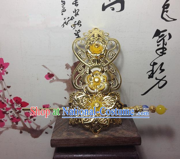 Traditional Handmade Chinese Classical Hair Accessories, Ancient Royal Highness Golden Tuinga Hairdo Crown for Men