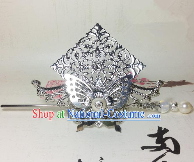 Traditional Handmade Chinese Classical Hair Accessories, Ancient Royal Highness White Butterfly Tuinga Hairdo Crown for Men