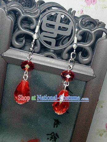 Traditional Handmade Chinese Ancient Classical Accessories Bride Hanfu Red Crystal Tassel Earrings for Women