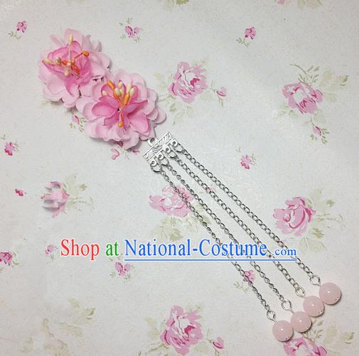 Traditional Chinese Ancient Classical Hair Accessories Hanfu Pink Flowers Tassel Step Shake Bride Hairpins for Women