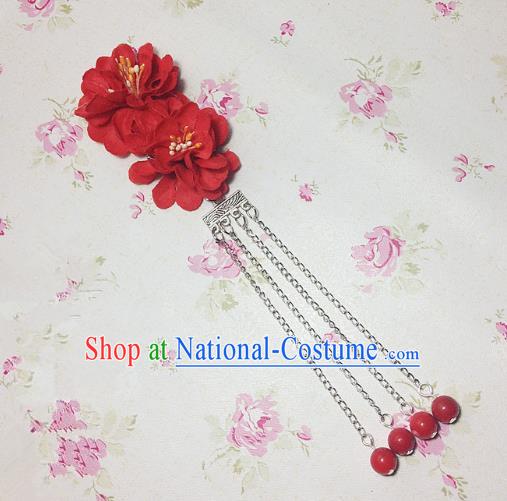 Traditional Chinese Ancient Classical Hair Accessories Hanfu Red Flowers Tassel Step Shake Bride Hairpins for Women