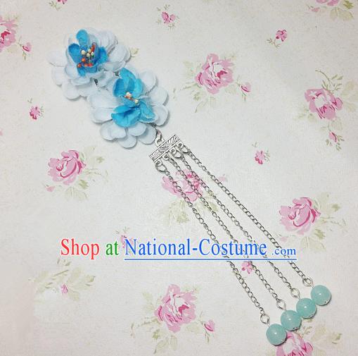 Traditional Chinese Ancient Classical Hair Accessories Hanfu Blue Flowers Tassel Step Shake Bride Hairpins for Women