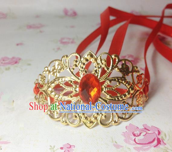 Traditional Handmade Chinese Classical Hair Accessories, Ancient Royal Highness Red Crystal Ribbon Headband Golden Tuinga Hairdo Crown for Men