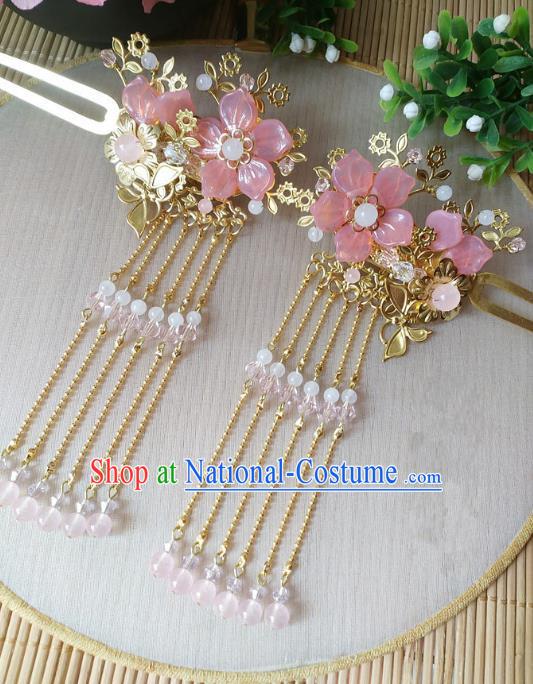 Traditional Chinese Ancient Classical Hair Accessories Hanfu Pink Flowers Tassel Hair Clip Step Shake Hairpins for Women