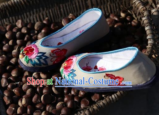 Asian Chinese Traditional Shoes Bride Grey Embroidered Shoes, China Peking Opera Handmade Embroidery Peony Shoe Hanfu Princess Shoes for Women