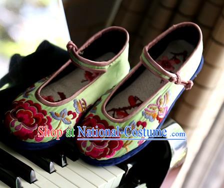 Asian Chinese Traditional Shoes Bride Green Embroidered Shoes, China Peking Opera Handmade Embroidery Peony Shoe Hanfu Princess Shoes for Women