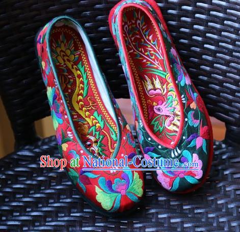 Asian Chinese Traditional Shoes Bride Embroidered Shoes, China Peking Opera Handmade Embroidery Phoenix Shoe Hanfu Princess Shoes for Women